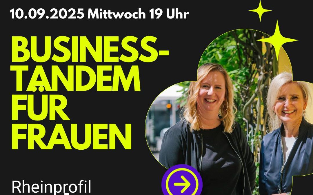 Sonja Hottelmann und Doris Greinert von Rheinprofil bei der Ankündigung des Events Business-Tandem für Frauen im Rahmen der Startup Week Düsseldorf 2025. Unternehmerinnen und Gründerinnen werden in Business-Tandems zusammengebracht, um Synergien, Partnerschaften und Sichtbarkeit im Business aufzubauen.